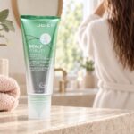 Zielono-srebrna tuba Joico Scalp Vitality Scrub 177 ml obok ręcznika, z wilgotnymi włosami w tle