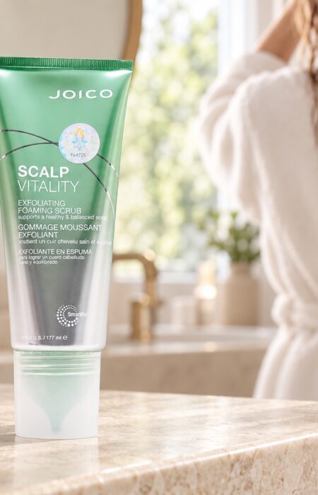 Zielono-srebrna tuba Joico Scalp Vitality Scrub 177 ml obok ręcznika, z wilgotnymi włosami w tle