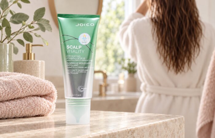 Zielono-srebrna tuba Joico Scalp Vitality Scrub 177 ml obok ręcznika, z wilgotnymi włosami w tle