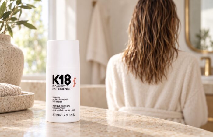 Białe opakowanie maski K18 50 ml na jasnym blacie, w tle wilgotne włosy