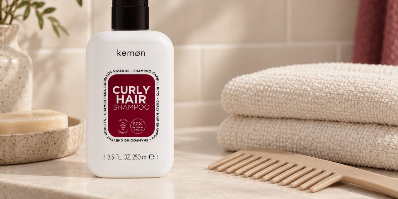 Kemon Curly Hair Shampoo 250 ml na łazienkowej półce obok ręcznika i grzebienia