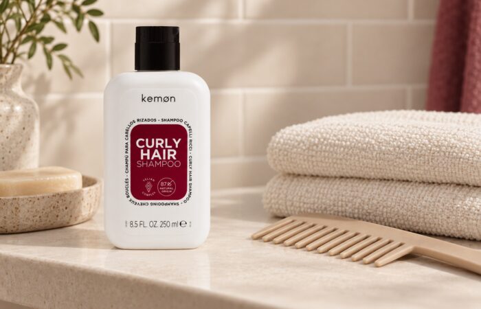Kemon Curly Hair Shampoo 250 ml na łazienkowej półce obok ręcznika i grzebienia
