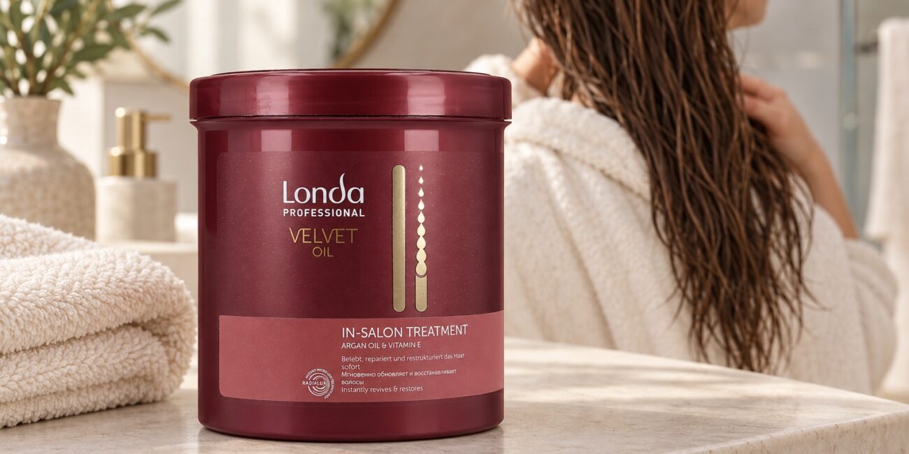 Bordowy słoik Londa Velvet Oil In-Salon Treatment obok ręcznika, w tle kobieta z wilgotnymi włosami