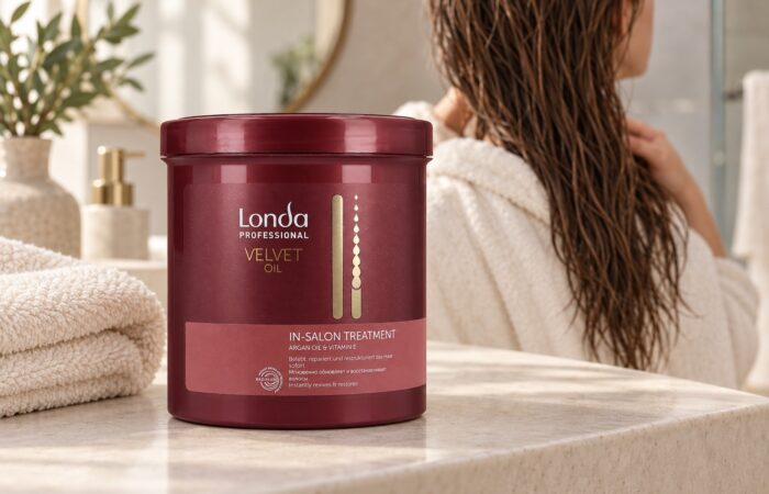 Bordowy słoik Londa Velvet Oil In-Salon Treatment obok ręcznika, w tle kobieta z wilgotnymi włosami