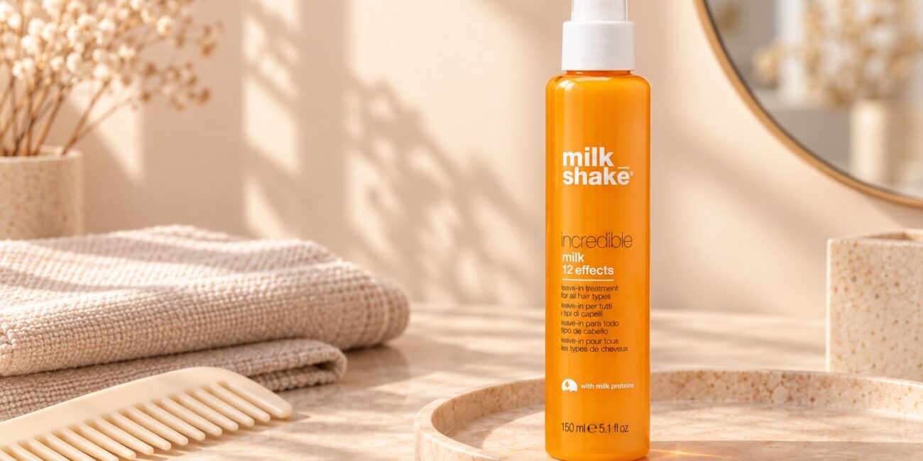 Pomarańczowa butelka Milk Shake Incredible Milk 150 ml obok jasnego grzebienia