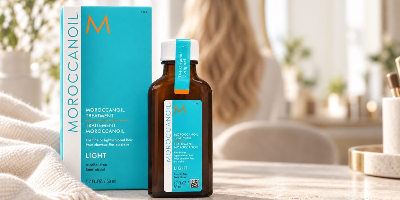 Butelka Moroccanoil Treatment Light 50 ml i turkusowe pudełko na jasnym blacie
