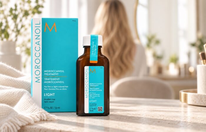Butelka Moroccanoil Treatment Light 50 ml i turkusowe pudełko na jasnym blacie