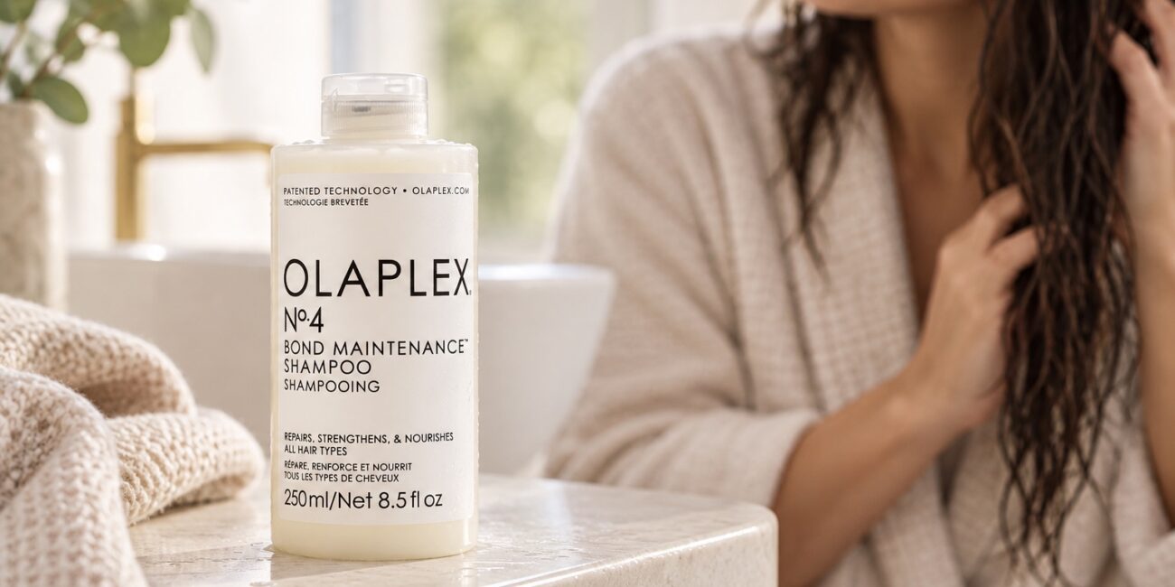 Olaplex No.4 Bond Maintenance Shampoo 250 ml na blacie, w tle kobieta z wilgotnymi włosami