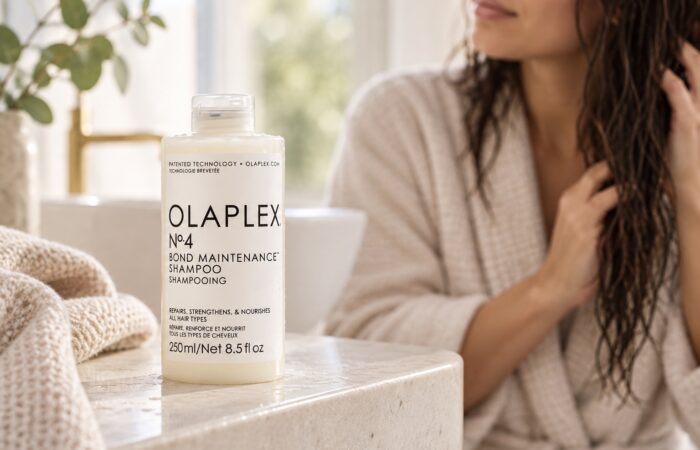 Olaplex No.4 Bond Maintenance Shampoo 250 ml na blacie, w tle kobieta z wilgotnymi włosami
