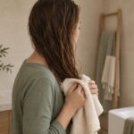 Kobieta delikatnie odsączająca wilgotne długości włosów jasnym ręcznikiem