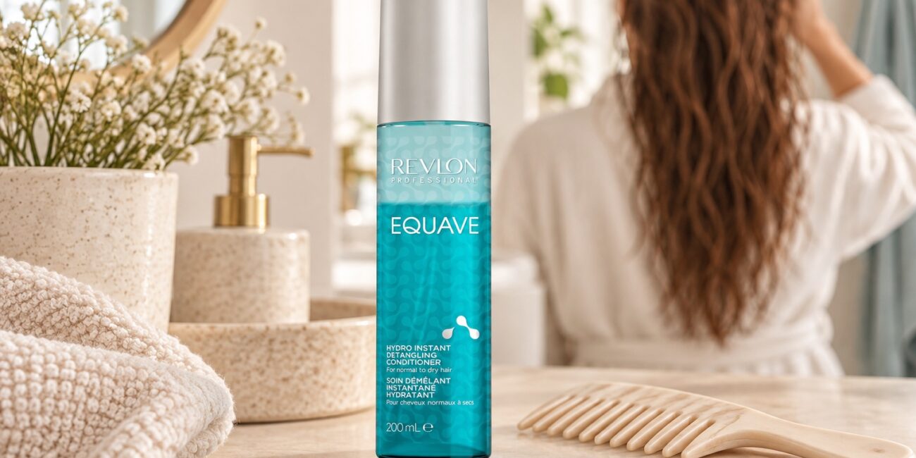 Turkusowa butelka Revlon Equave Hydro 200 ml obok grzebienia, z wilgotnymi włosami w tle