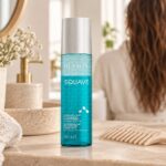 Turkusowa butelka Revlon Equave Hydro 200 ml obok grzebienia, z wilgotnymi włosami w tle