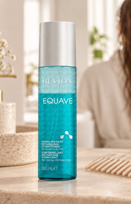 Turkusowa butelka Revlon Equave Hydro 200 ml obok grzebienia, z wilgotnymi włosami w tle