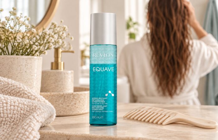 Turkusowa butelka Revlon Equave Hydro 200 ml obok grzebienia, z wilgotnymi włosami w tle