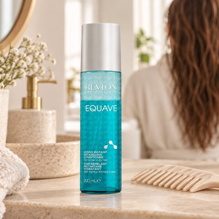 Turkusowa butelka Revlon Equave Hydro 200 ml obok grzebienia, z wilgotnymi włosami w tle