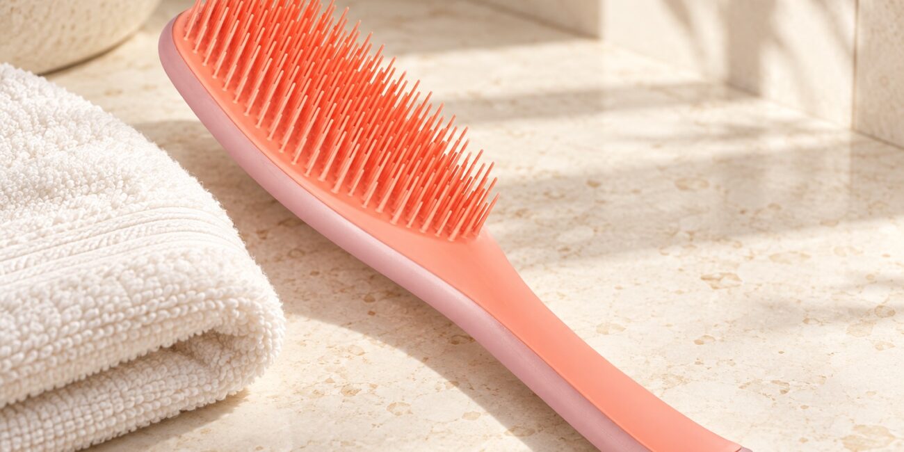 Koralowo-różowa szczotka Tangle Teezer Wet Detangler obok jasnego ręcznika na kamiennym blacie