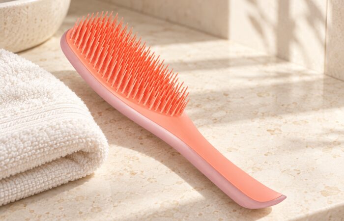 Koralowo-różowa szczotka Tangle Teezer Wet Detangler obok jasnego ręcznika na kamiennym blacie