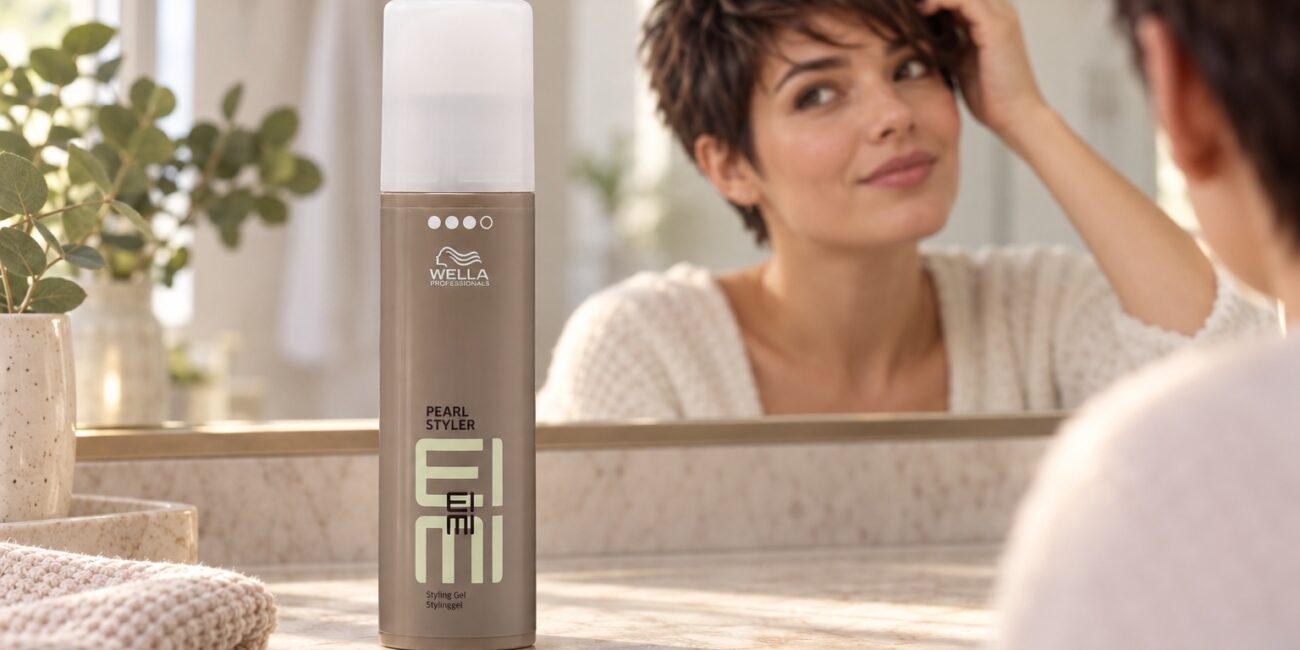 Wella EIMI Pearl Styler na toaletce, w tle kobieta układająca krótkie włosy