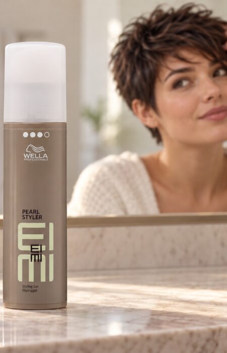 Wella EIMI Pearl Styler na toaletce, w tle kobieta układająca krótkie włosy