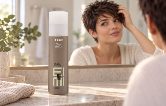 Wella EIMI Pearl Styler na toaletce, w tle kobieta układająca krótkie włosy
