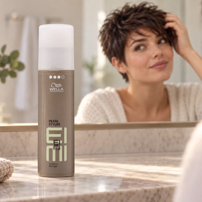 Wella EIMI Pearl Styler na toaletce, w tle kobieta układająca krótkie włosy