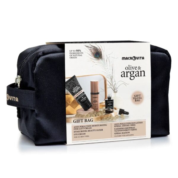 Zestaw Macrovita Olive & Argan: krem hialuronowy 50ml + Eliksir Piękna 15ml + krem pod oczy 30ml + GRATIS kosmetyczka