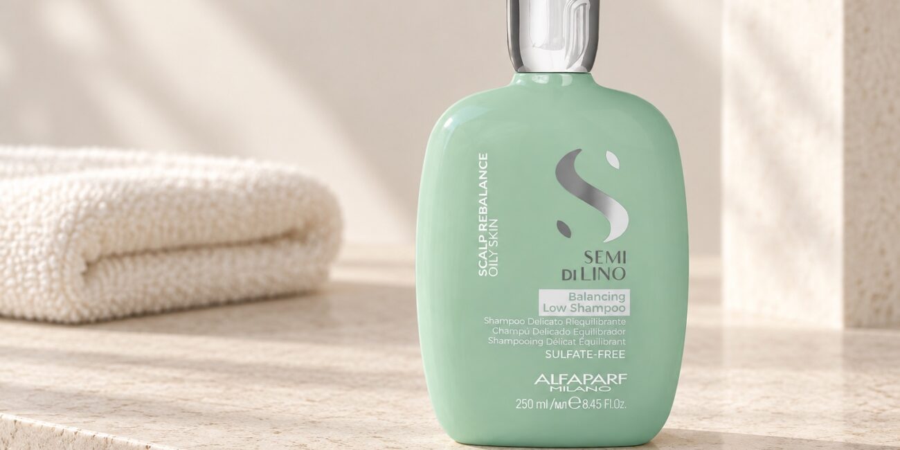 Miętowa butelka Alfaparf Semi di Lino Balancing Low Shampoo 250 ml na jasnej półce