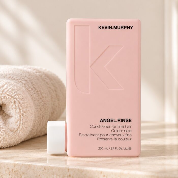 Różowa butelka odżywki Kevin Murphy Angel.Rinse 250 ml obok jasnego ręcznika
