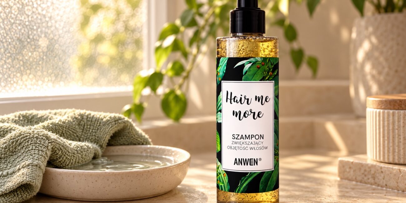 Butelka Anwen Hair Me More z czarną pompką i zieloną etykietą przy oknie