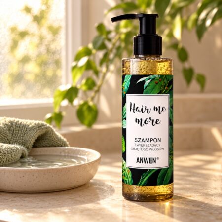 Butelka Anwen Hair Me More z czarną pompką i zieloną etykietą przy oknie