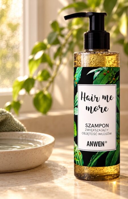 Butelka Anwen Hair Me More z czarną pompką i zieloną etykietą przy oknie