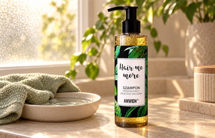Butelka Anwen Hair Me More z czarną pompką i zieloną etykietą przy oknie