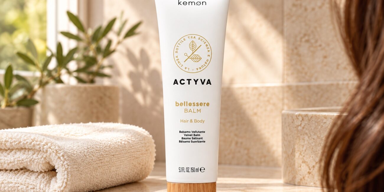 Biała tuba Kemon Actyva Bellessere Balm 150 ml na łazienkowej półce obok jasnego ręcznika.