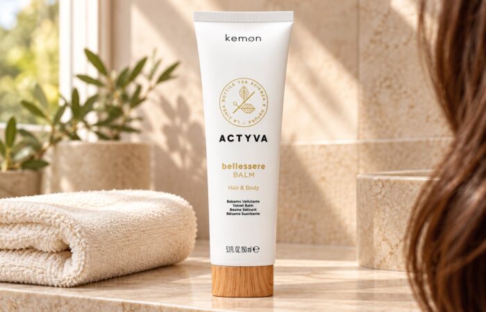 Biała tuba Kemon Actyva Bellessere Balm 150 ml na łazienkowej półce obok jasnego ręcznika.