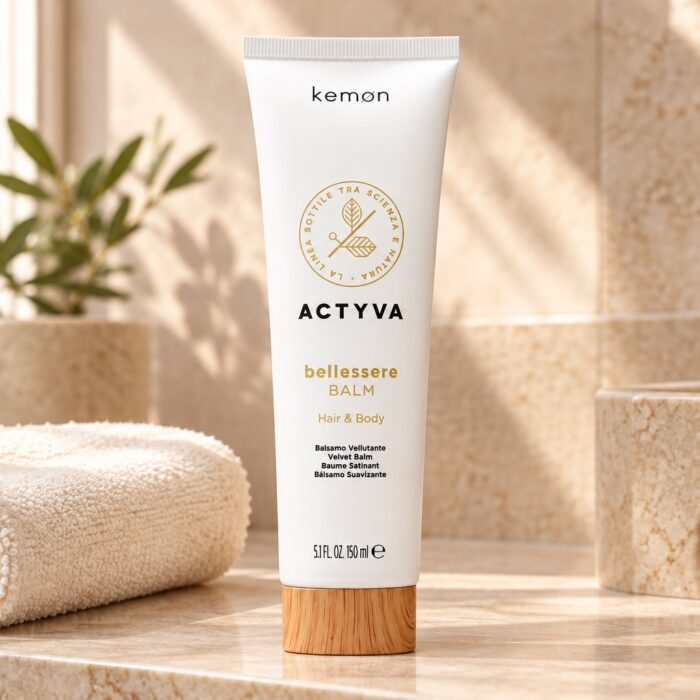 Biała tuba Kemon Actyva Bellessere Balm 150 ml na łazienkowej półce obok jasnego ręcznika.