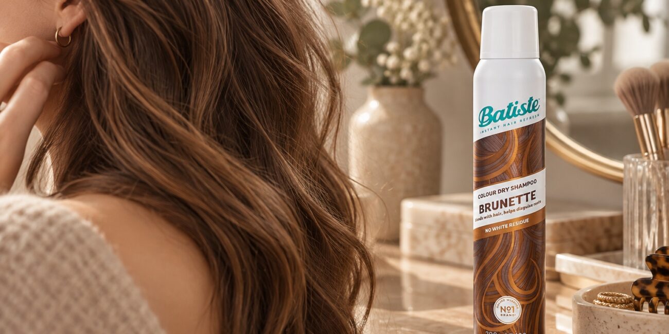 Batiste Colour Dry Shampoo Brunette 200 ml obok włosów w jasnym brązie