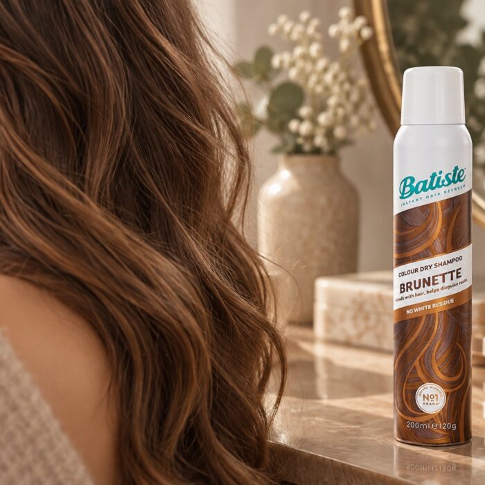 Batiste Colour Dry Shampoo Brunette 200 ml obok włosów w jasnym brązie
