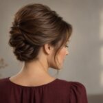 Miękkie upięcie inspirowane beehive z uniesioną górą i luźnym pasmem przy twarzy