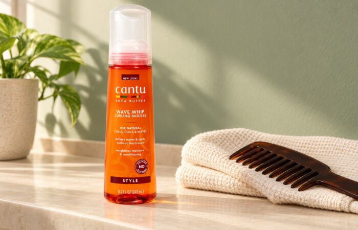 Pomarańczowa butelka Cantu Wave Whip Curling Mousse 248 ml obok ręcznika i grzebienia