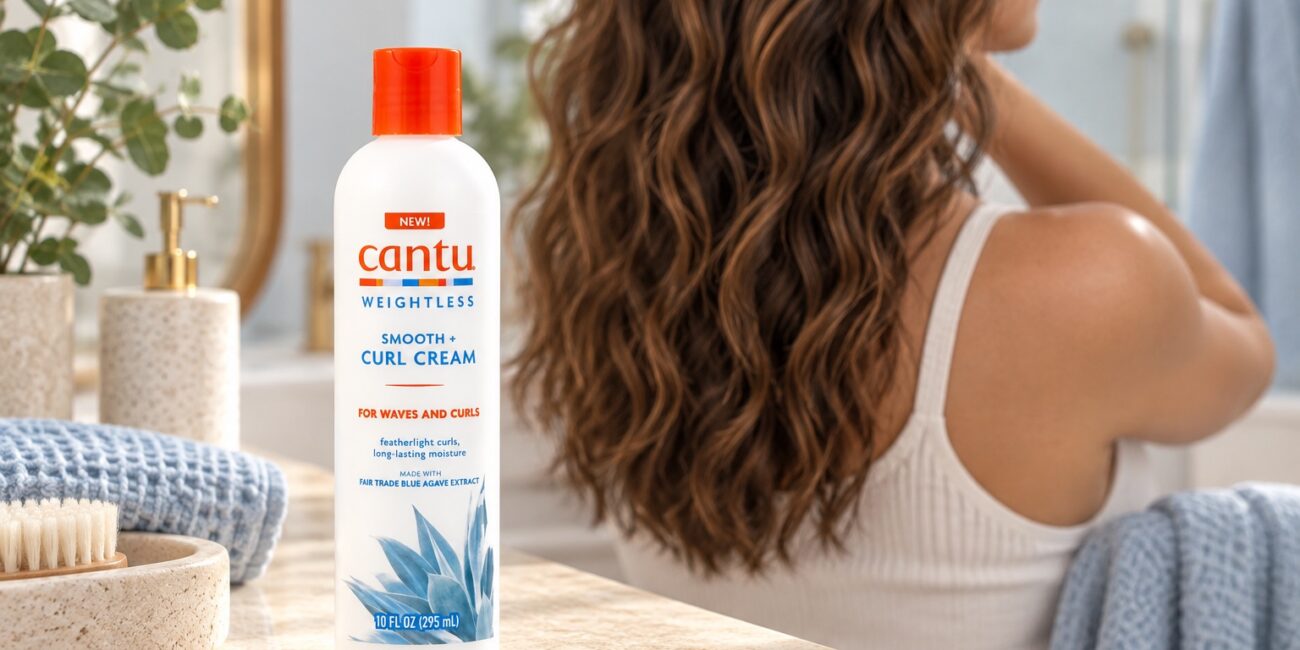 Butelka Cantu Weightless Smooth + Curl Cream 295 ml na tle falowanych włosów