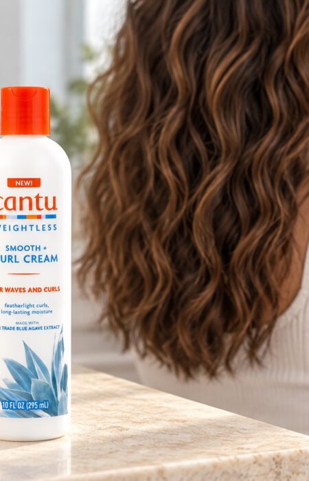 Butelka Cantu Weightless Smooth + Curl Cream 295 ml na tle falowanych włosów
