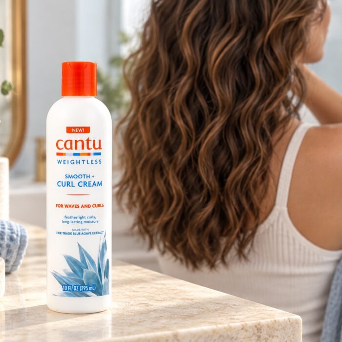 Butelka Cantu Weightless Smooth + Curl Cream 295 ml na tle falowanych włosów