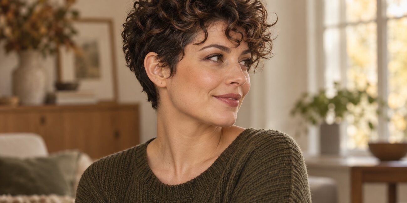 Kobieta z krótką fryzurą curly pixie i naturalnymi brązowymi lokami na górze głowy.