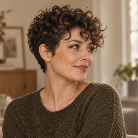 Kobieta z krótką fryzurą curly pixie i naturalnymi brązowymi lokami na górze głowy.