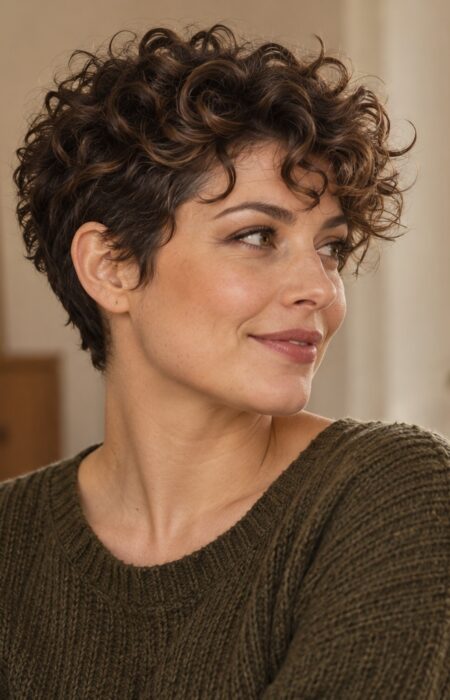 Kobieta z krótką fryzurą curly pixie i naturalnymi brązowymi lokami na górze głowy.