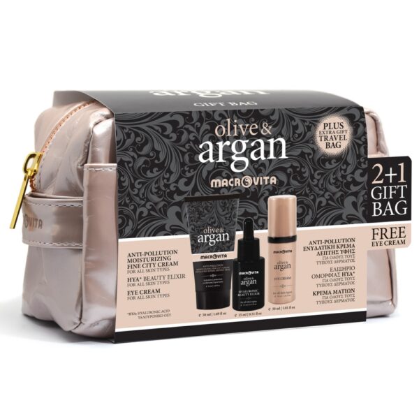 Zestaw Macrovita Olive & Argan: krem hialuronowy 50ml + Eliksir Piękna 15ml + GRATIS krem pod oczy 30ml + kosmetyczka