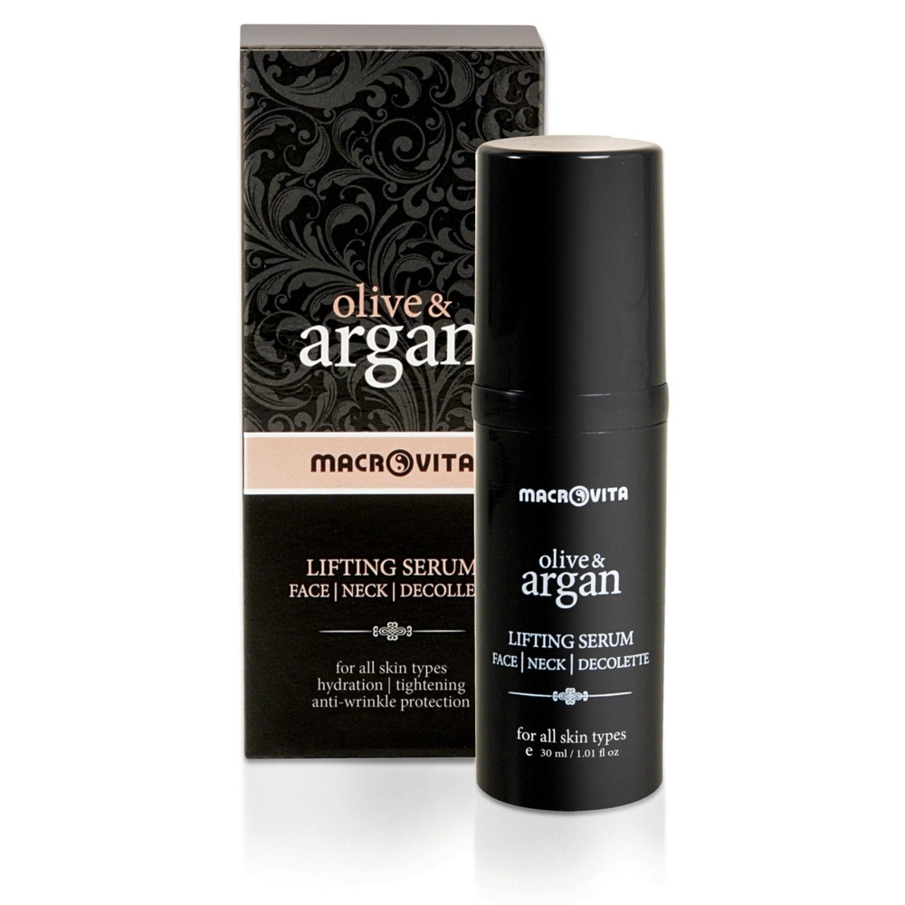 Zestaw Macrovita Olive & Argan: 24-godzinny krem hialuronowy 50ml + liftingujące serum na twarz, szyję i dekolt 30ml + GRATIS kosmetyczka