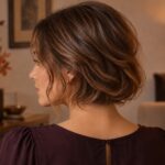 Brązowe falowane włosy podwinięte przy karku w luźny faux bob, widok z tyłu i z boku.