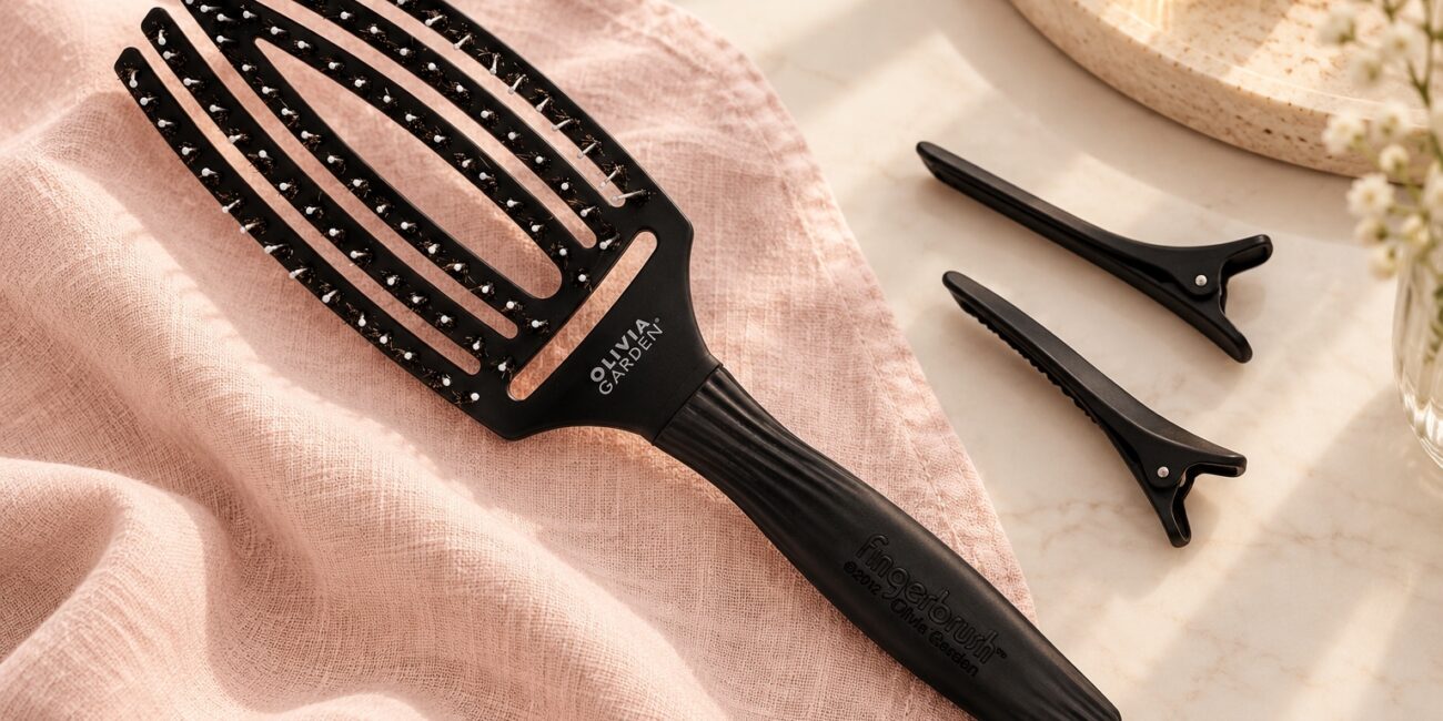 Czarna szczotka Olivia Garden Finger Brush Combo Medium i dwa klipsy do wydzielania pasm.