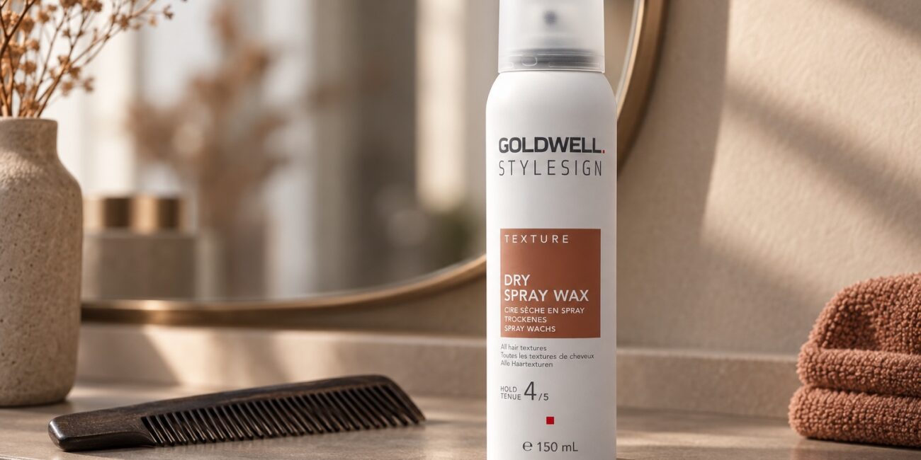 Goldwell StyleSign Texture Dry Spray Wax 150 ml na półce obok ciemnego grzebienia.